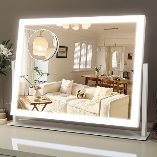 ROLOVE Lighted Makeup Mirror 163x126 Hollywood Vanity Mirror with Lights 10X Magnification 3 Color Lighting Modes Smart Touch Control 360 Rotation for Bedroom or Tabletop White